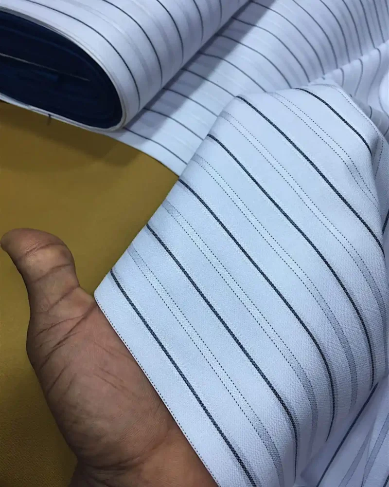 Blue Chalkstripe Worsted Wool Suiting fabric on the roll