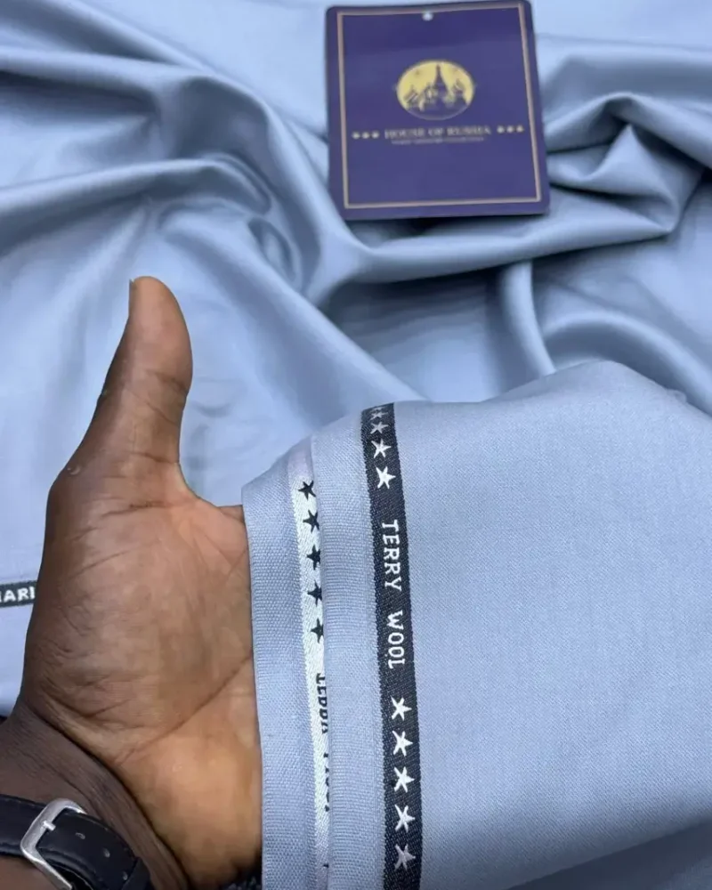 Sky Blue Terry Wool Crepe Merino fabric on the roll